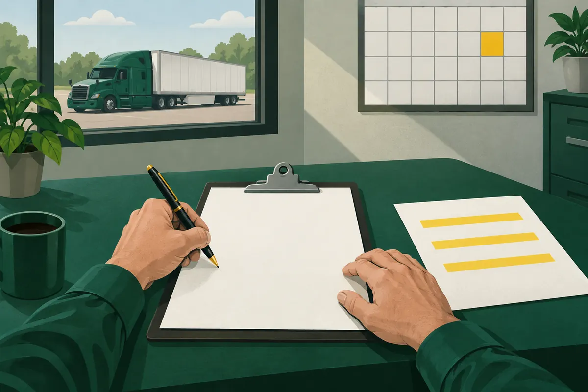 A safety manager's hands signing a sheet on a clipboard beside a highlighted record, a wall calendar with one day marked in yellow