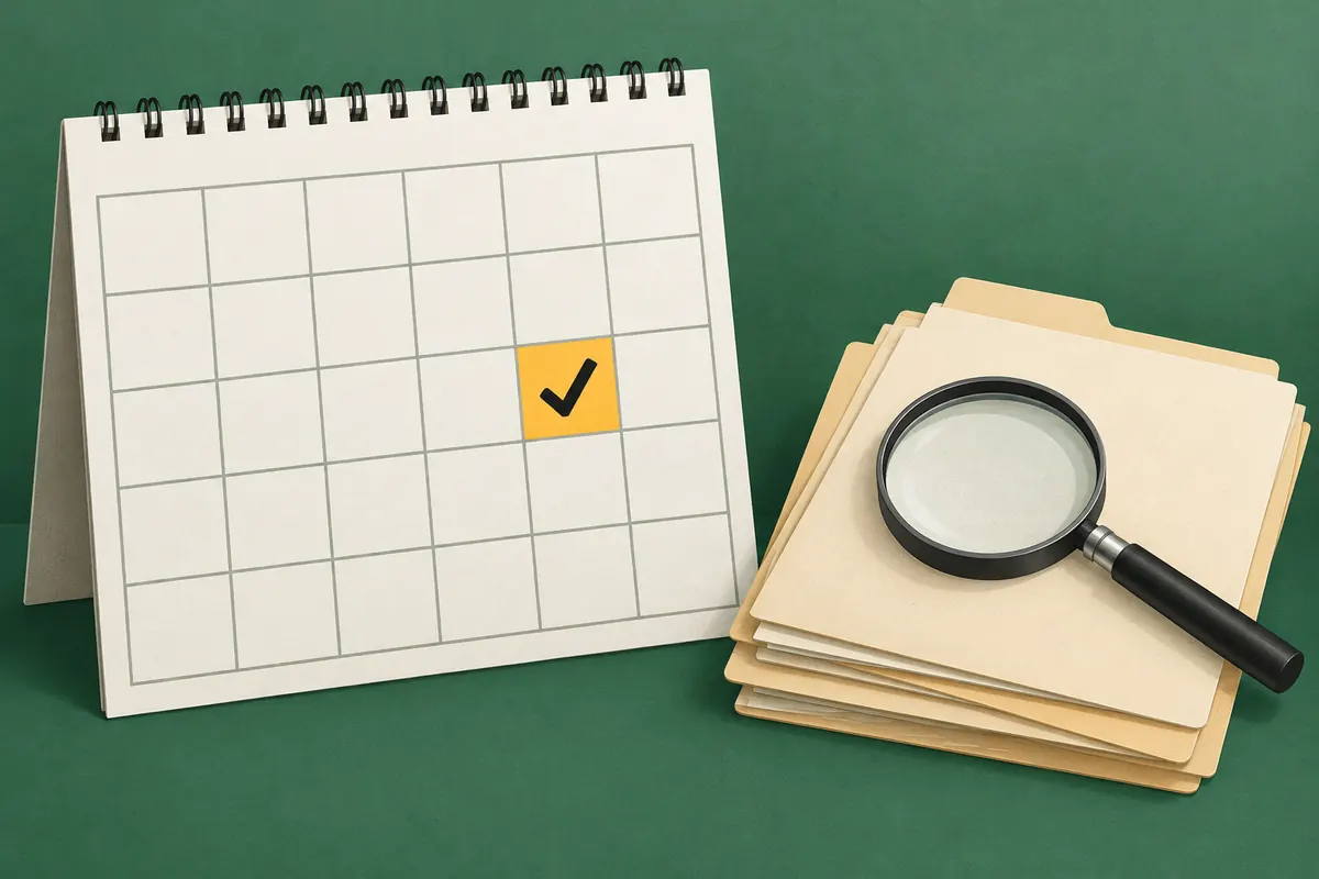 A calendar page with one day filled in yellow and checked, next to a stack of driver files and a magnifying glass