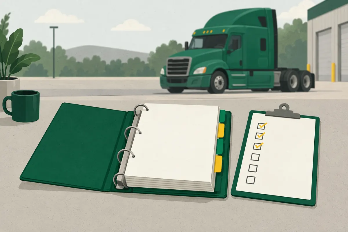 An open ring binder with green and yellow tabs beside a clipboard checklist with some boxes ticked, a green truck parked behind