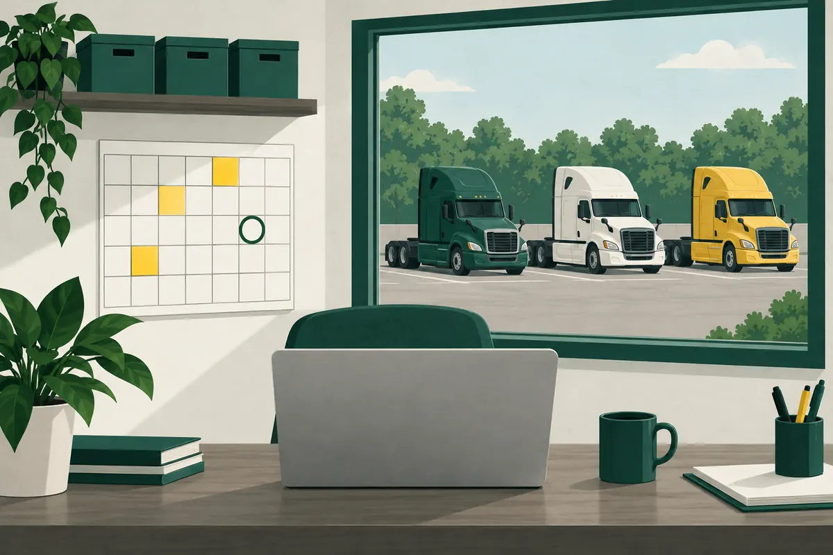 A small fleet office with a laptop seen from behind, a wall calendar with a few days marked in yellow, file boxes on a shelf and trucks outside