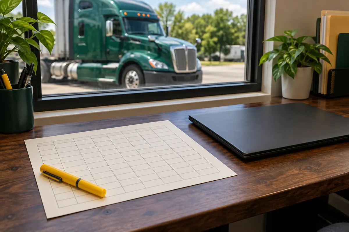 A paper grid sheet with a yellow highlighter beside a closed laptop on an office desk, with a green truck parked outside the window