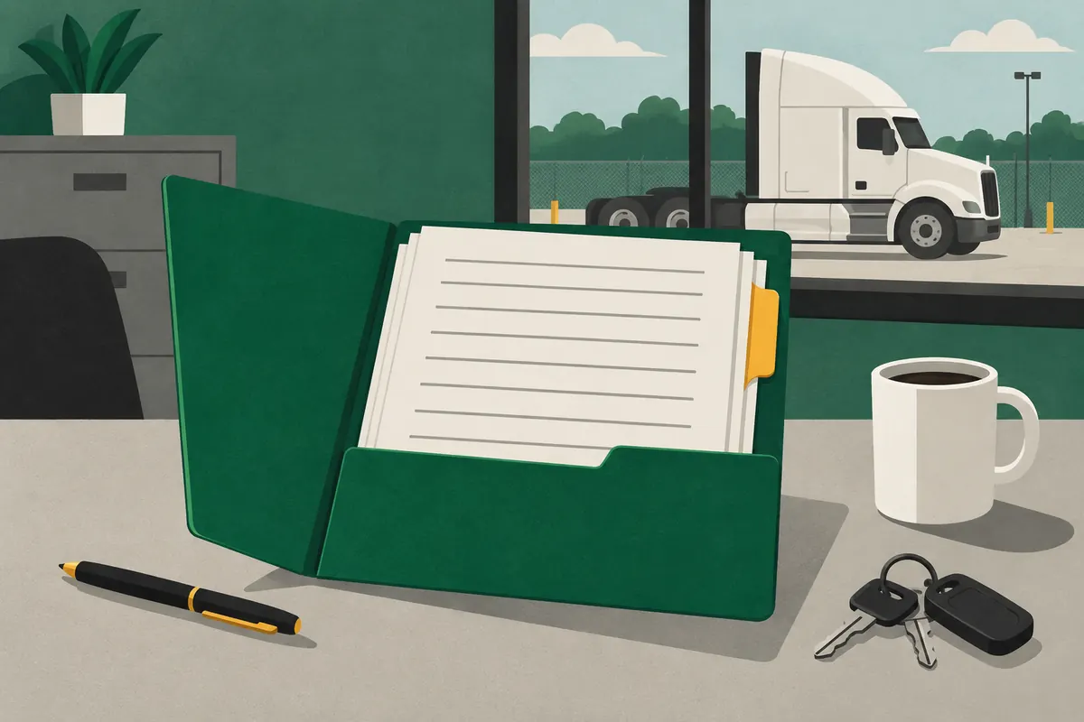 An open green file folder on a dispatch desk with a stack of forms, a pen and a ring of truck keys, a semi-truck parked outside the window